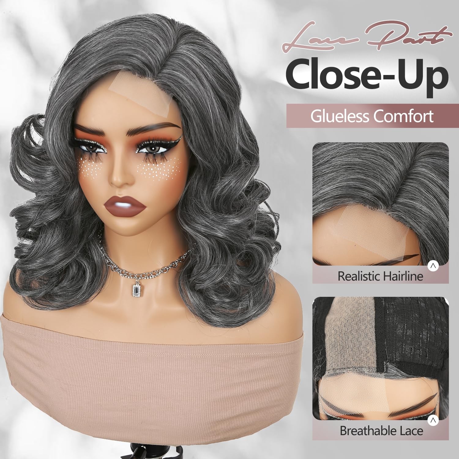 Quickwig Short Loose Wave Bob Wig Side Part Body Wave Wigs Salt Pepper Curly