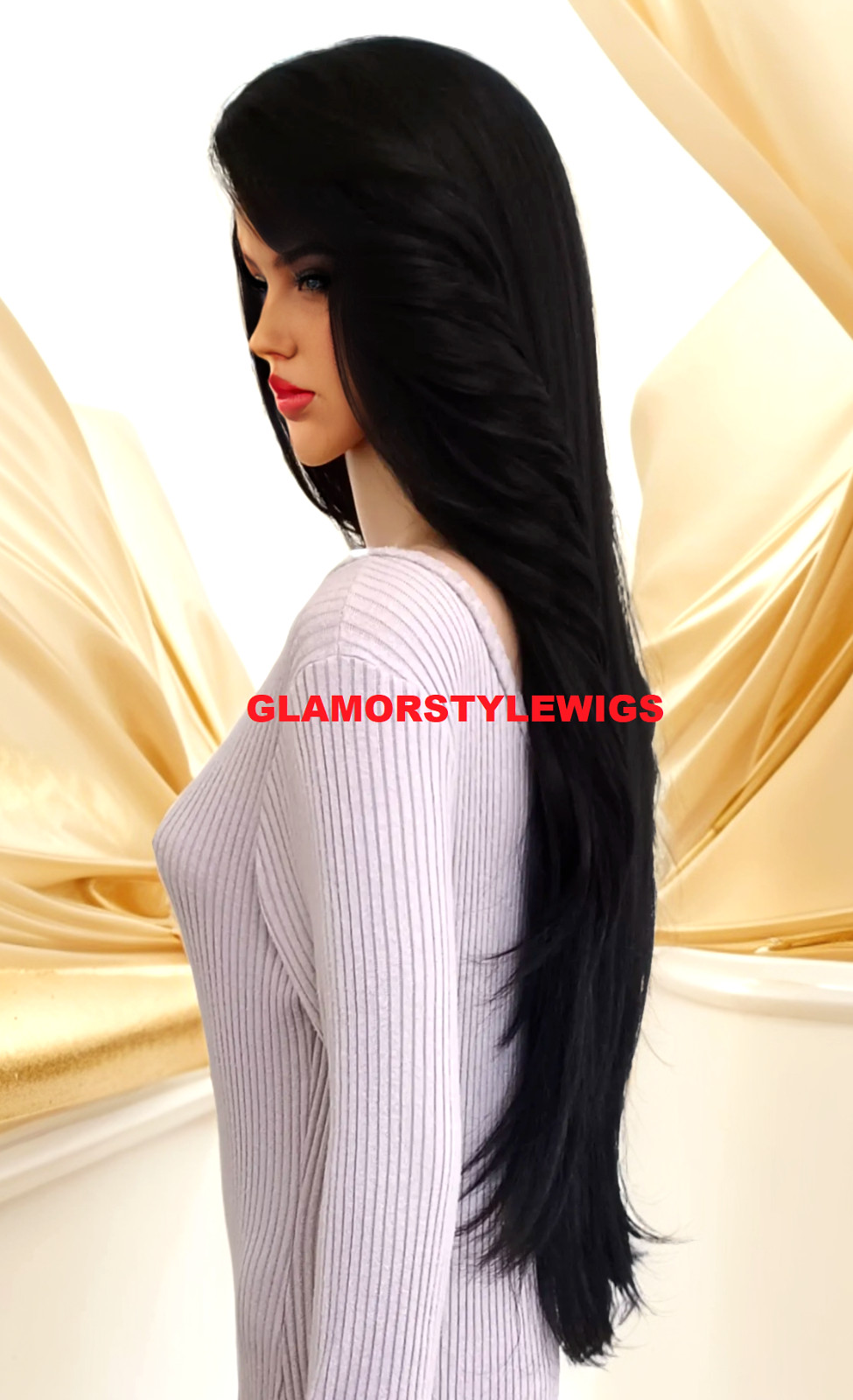 39″ LACE FRONT FULL WIG LONG STRAIGHT LAYERED SIDE PART JET BLACK #1 HEAT OK NWT