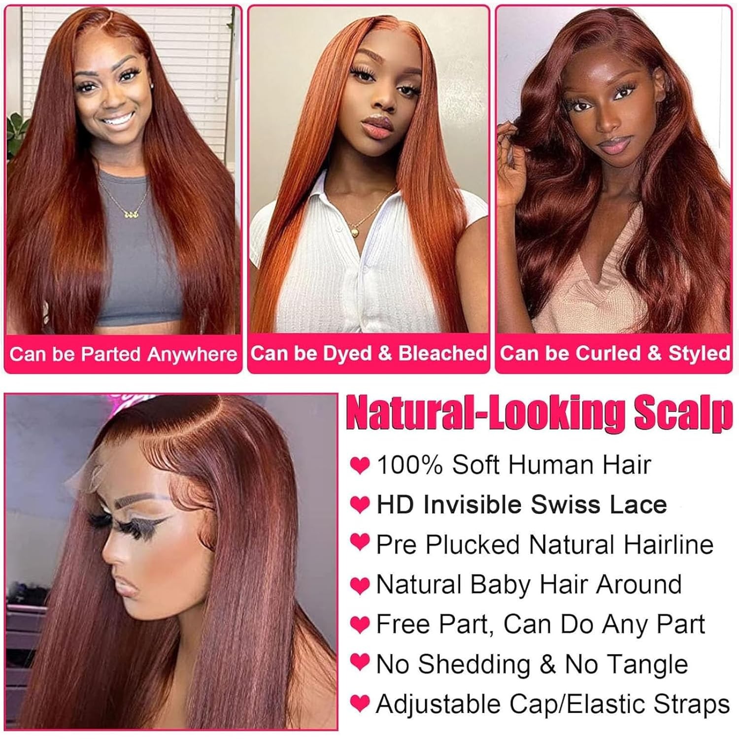 26inch Human Hair Straight Lace Front Wigs Reddish Brown 13×6 Inch Women’s Hair