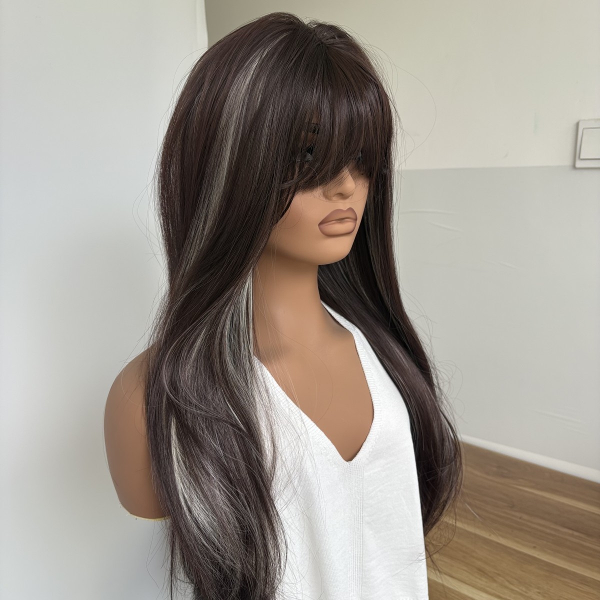 Long Straight Synthetic Hair Costume Wig With Bangs Natural Mixed Brown blonde