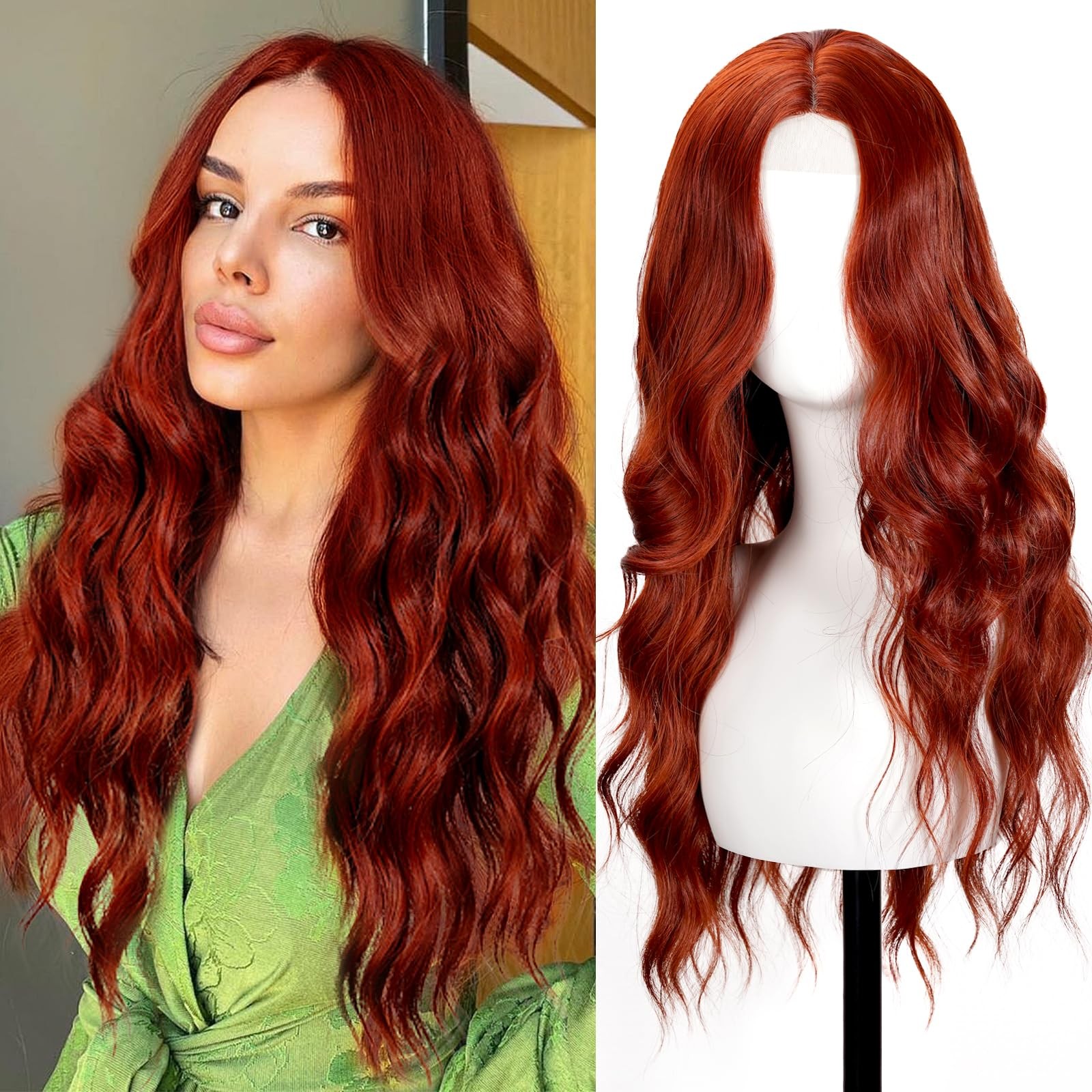 Auburn Wig for Women, 26 Inch Long Wavy Lace Hairline Middle Part Natural Loo…