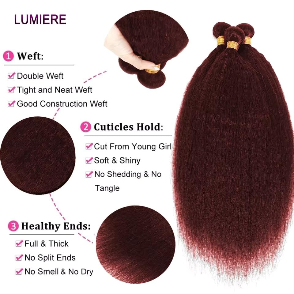 Aonbamds 99J Burgundy Bundles Yaki Straight Bundles Human Hair 28 30 32 Inch
