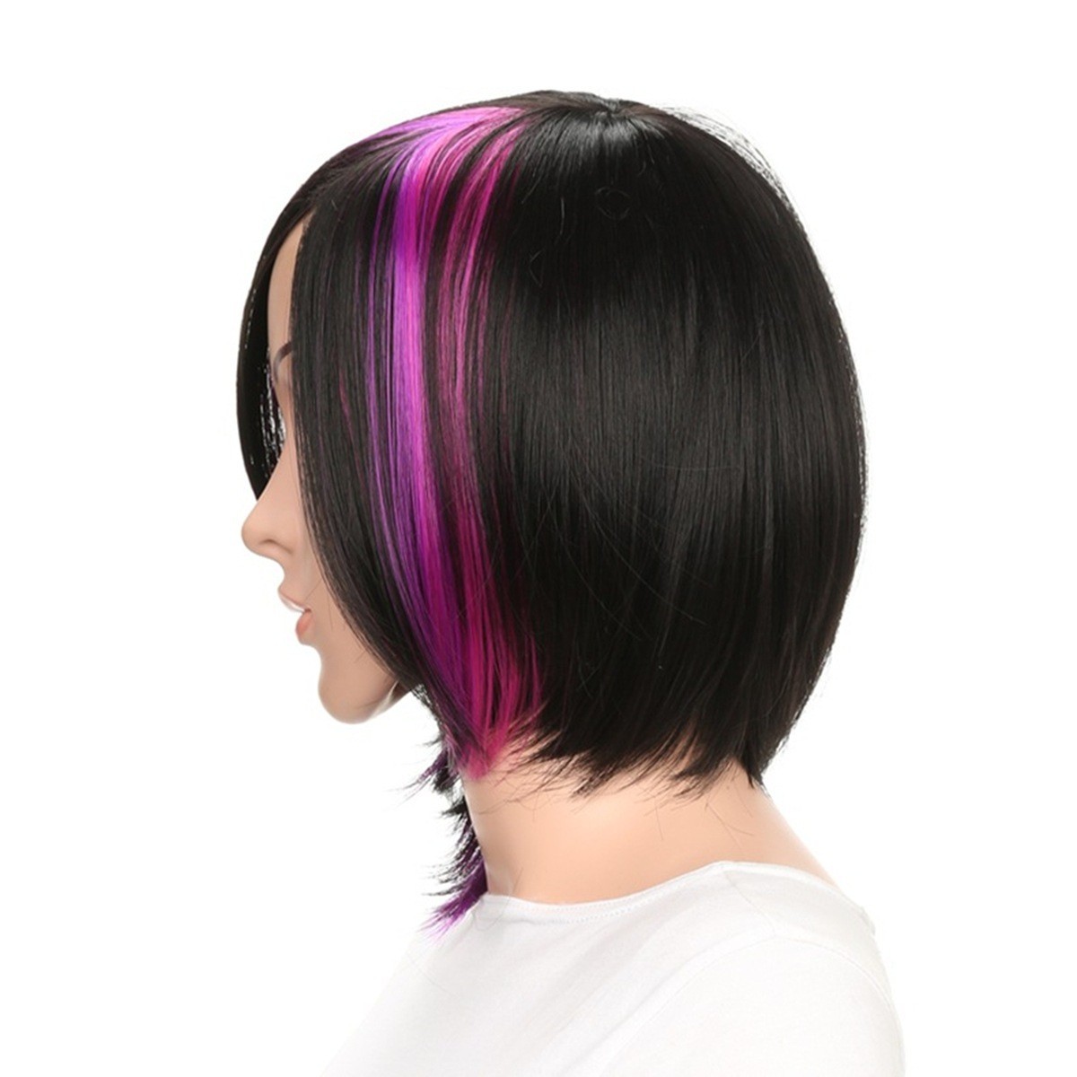 Women’s Black Purple Mix Short Straight Bob Wigs Side Bangs Synthetic Party Wig