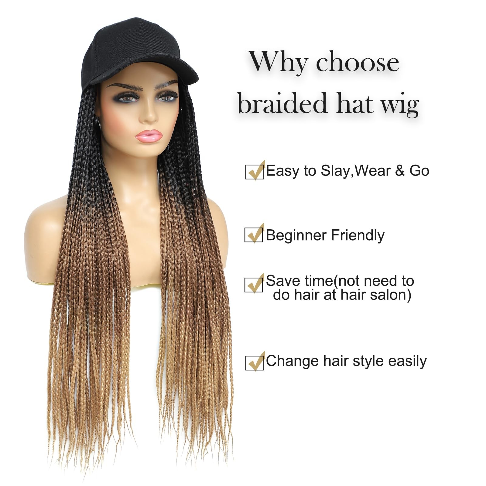 Yunkang Hat Wig for Women Baseball Cap with Braided 24 Inch (Pack of 1), 53