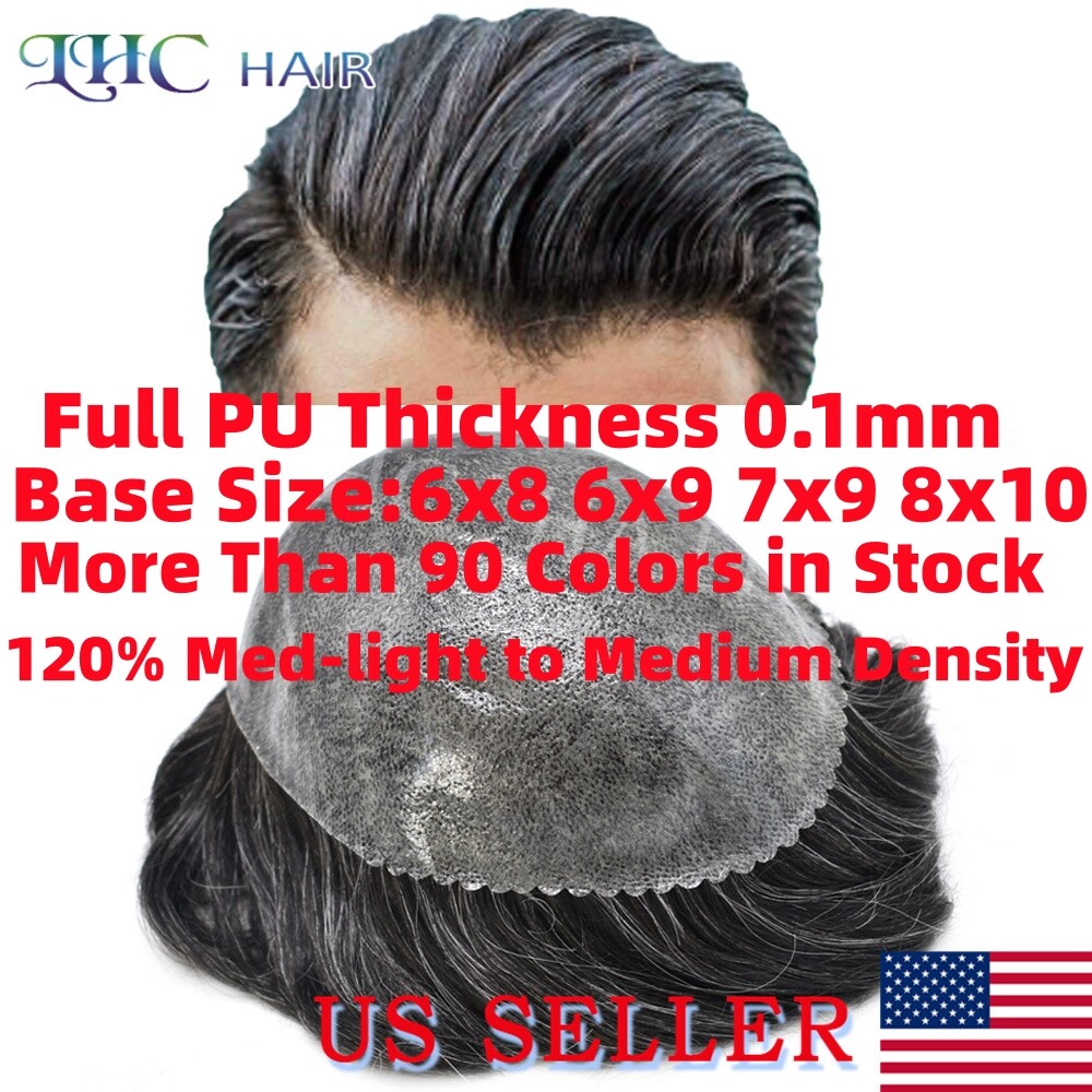 Mens Toupee Hairpiece All Poly Human Hair Replacement System Skin PU Wig For Men