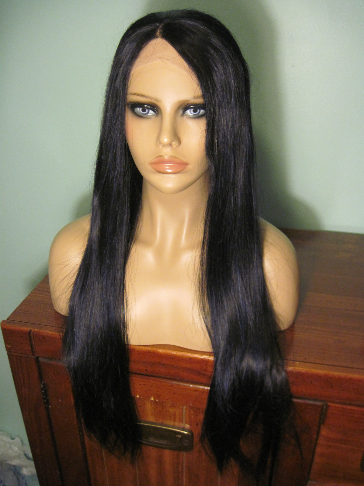 30″ straight, long, black lace front hand tied wig – Vamp – purple highlights