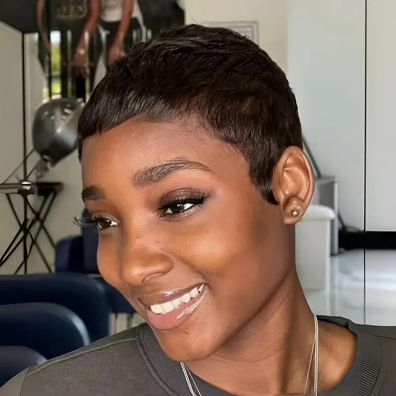 100% Black Human Hair Pixie Cut Wig for Women Human Hair None Lace