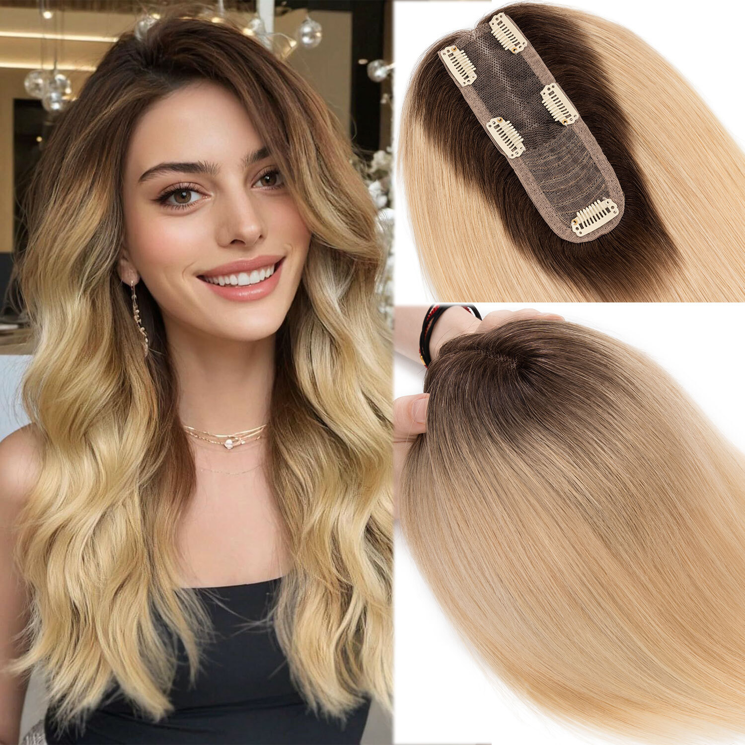 Free Part Top Lace Base Clip in REAL Human Hair Topper Toupee Women Hairpiece US