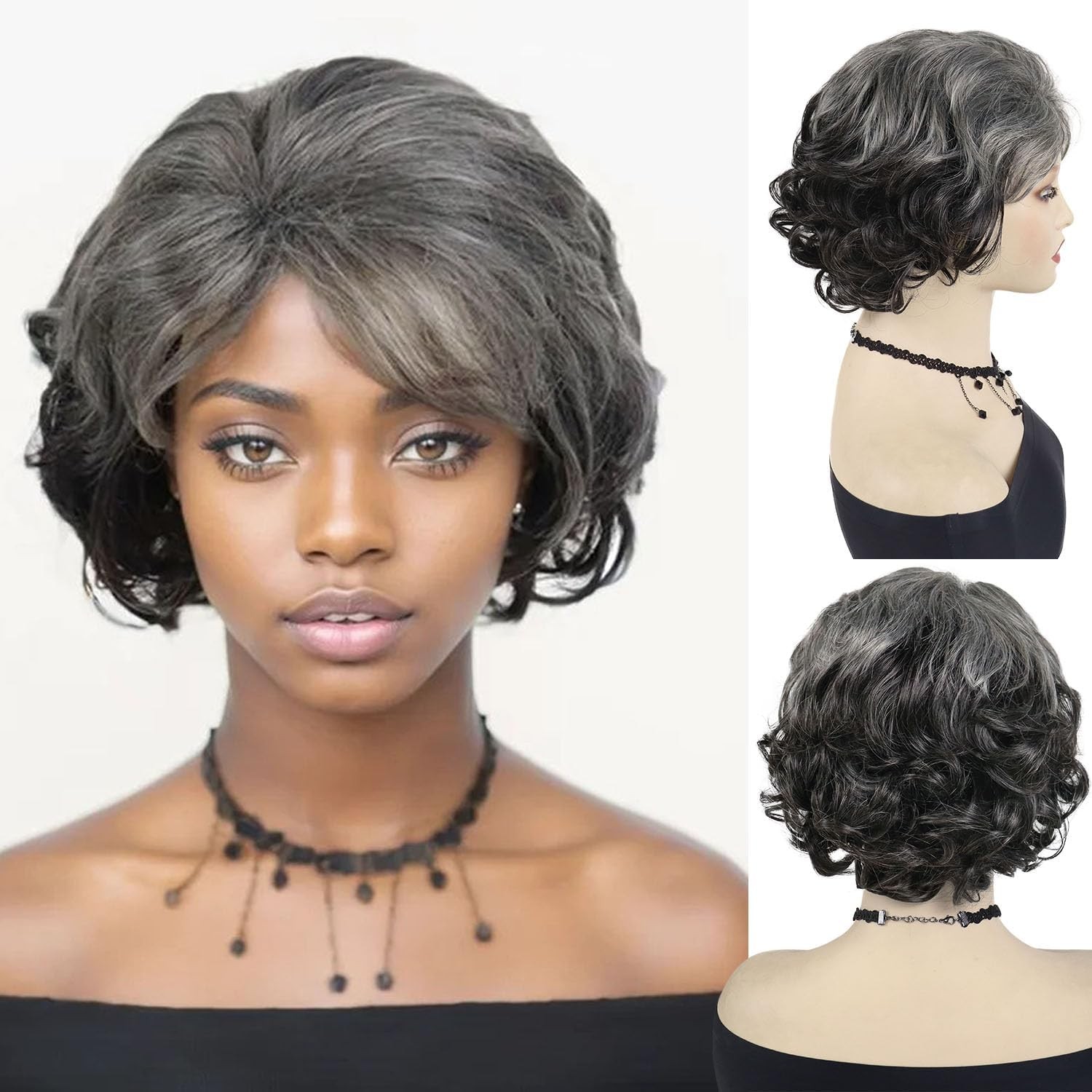 Gnimegil Grey Short Curly Wigs For Women Soft Synthetic Granny Hair Replacement