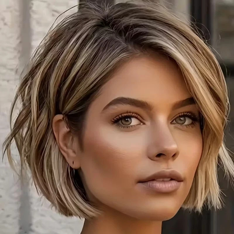 Short Bob Cut Caramel Brown Blonde Highlight Wig 100% Human Hair Lace Front Wigs