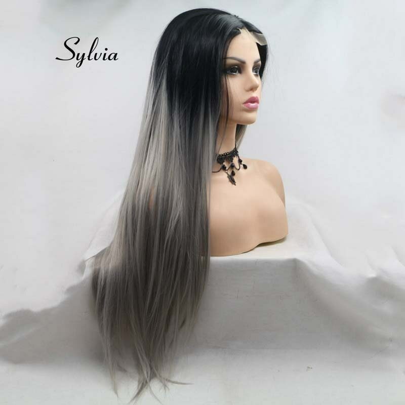 Natural Black Grey Ombre Long Silky Part Synthetic Lace Heat Resistant Fiber Wig