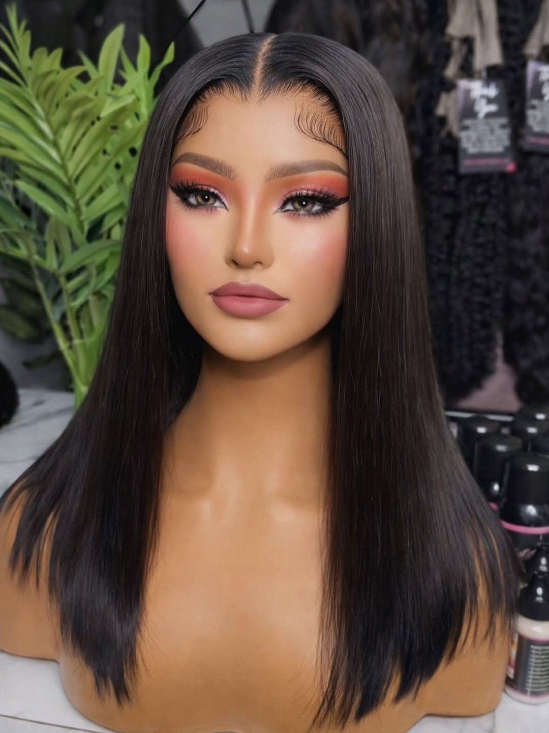 20″Natural Black Straight Human Hair Blend 13X4 Lace Front 180% Density Wig,