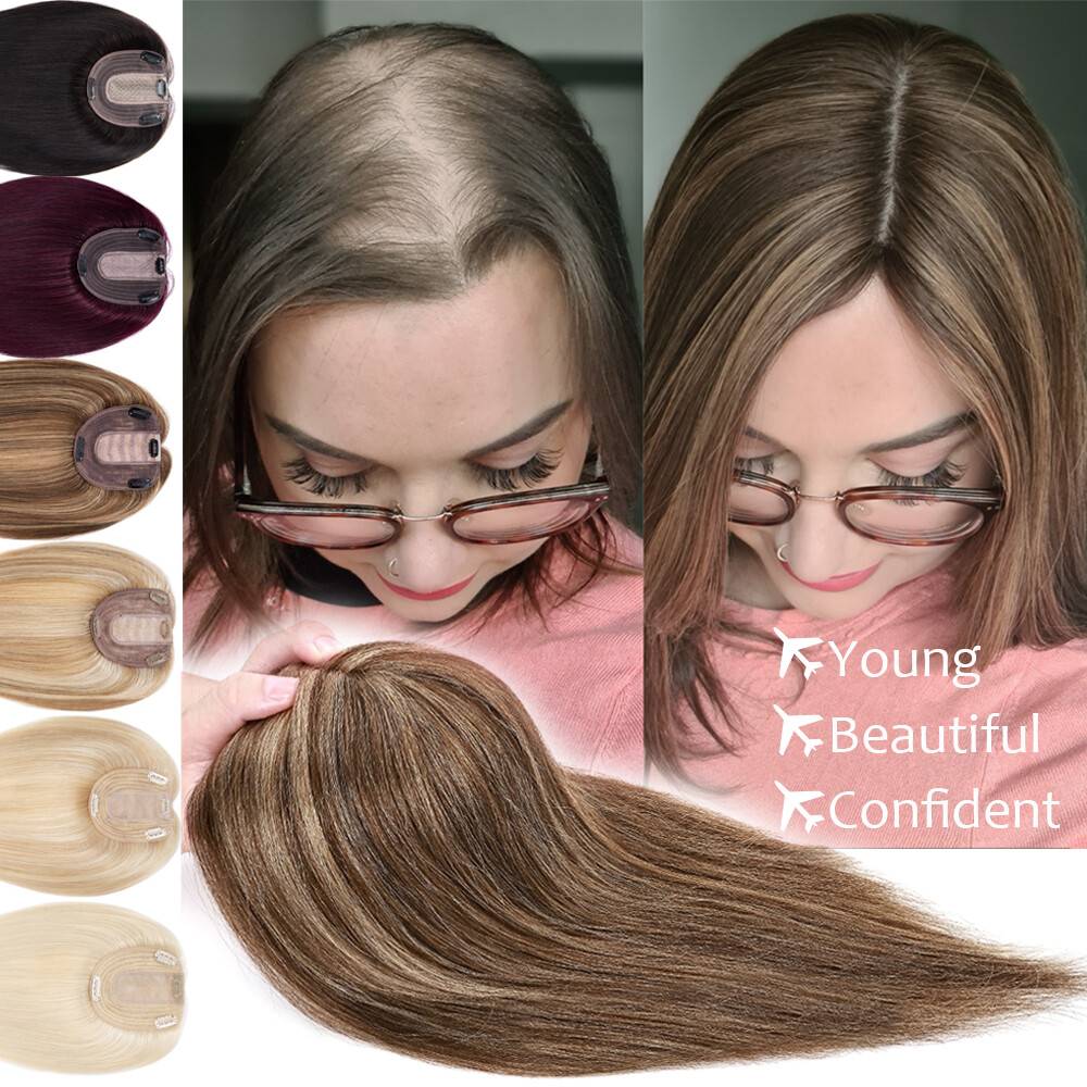 Women 100% Remy Human Hair Topper Clip In Hairpiece Silk BaseTop Toupee 10*12cm