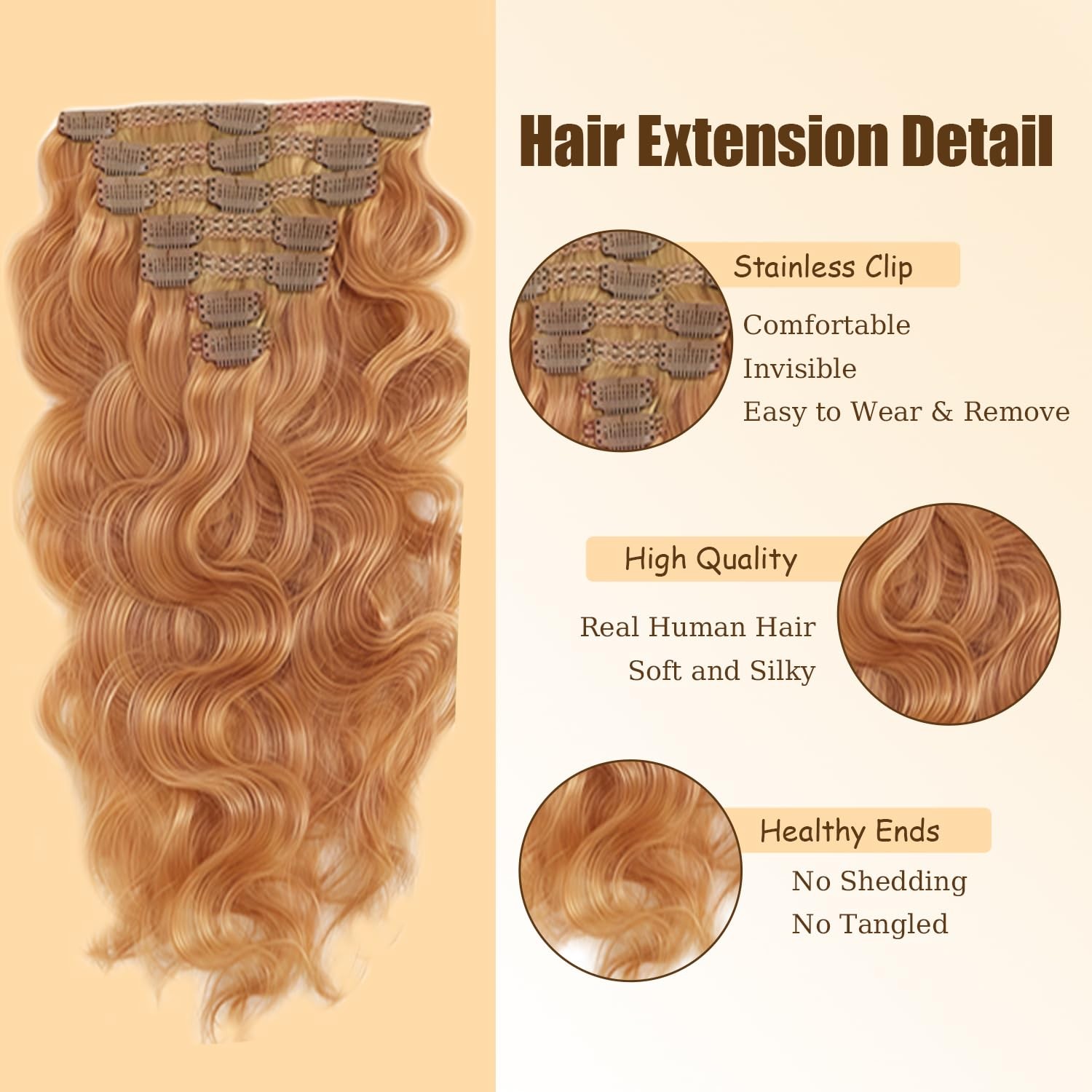 #30 Brown Long Wave Clip in Hair Extensions,18 Inch Soft Real Human Hair,Ligh…