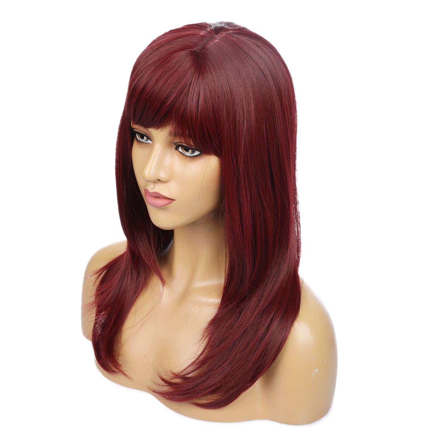 Wine Red High Temperature Fiber Hair Wigs with Bangs for Women Natural Hair 55cm