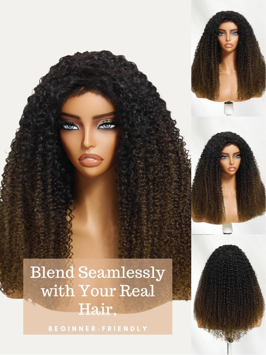 Kinky Curly Half Wig Human Hair 24″ Black to Chestnut Brown, 150% Density, Gluel