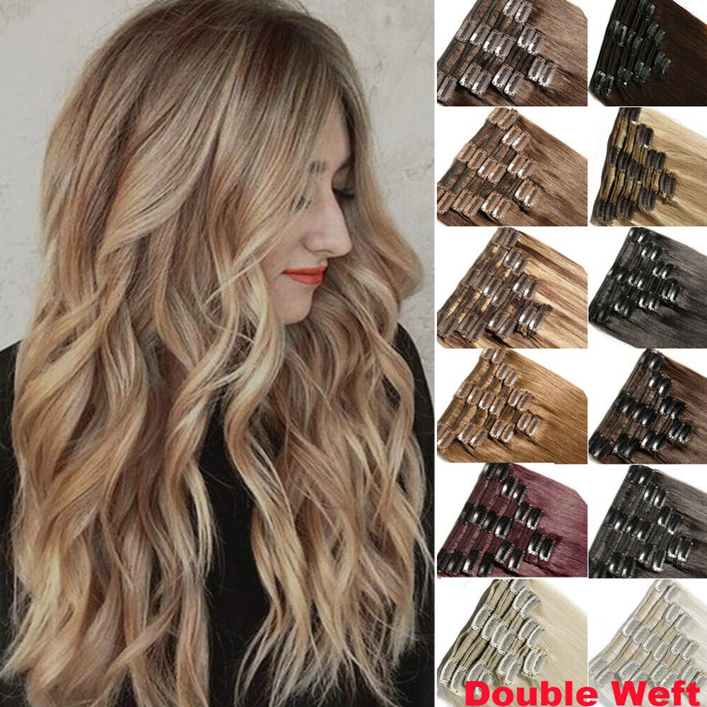 170G Double Weft Thick Clip in 100% Remy Human Hair Extensions Full Head Platin