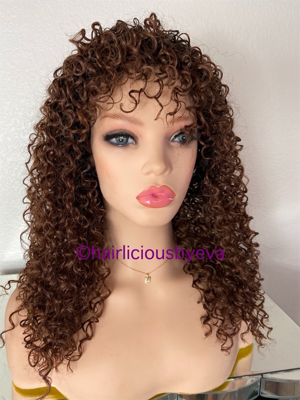 Kinky Curly Wig With Bangs Golden Brown Ombré Black 16 Inch Long