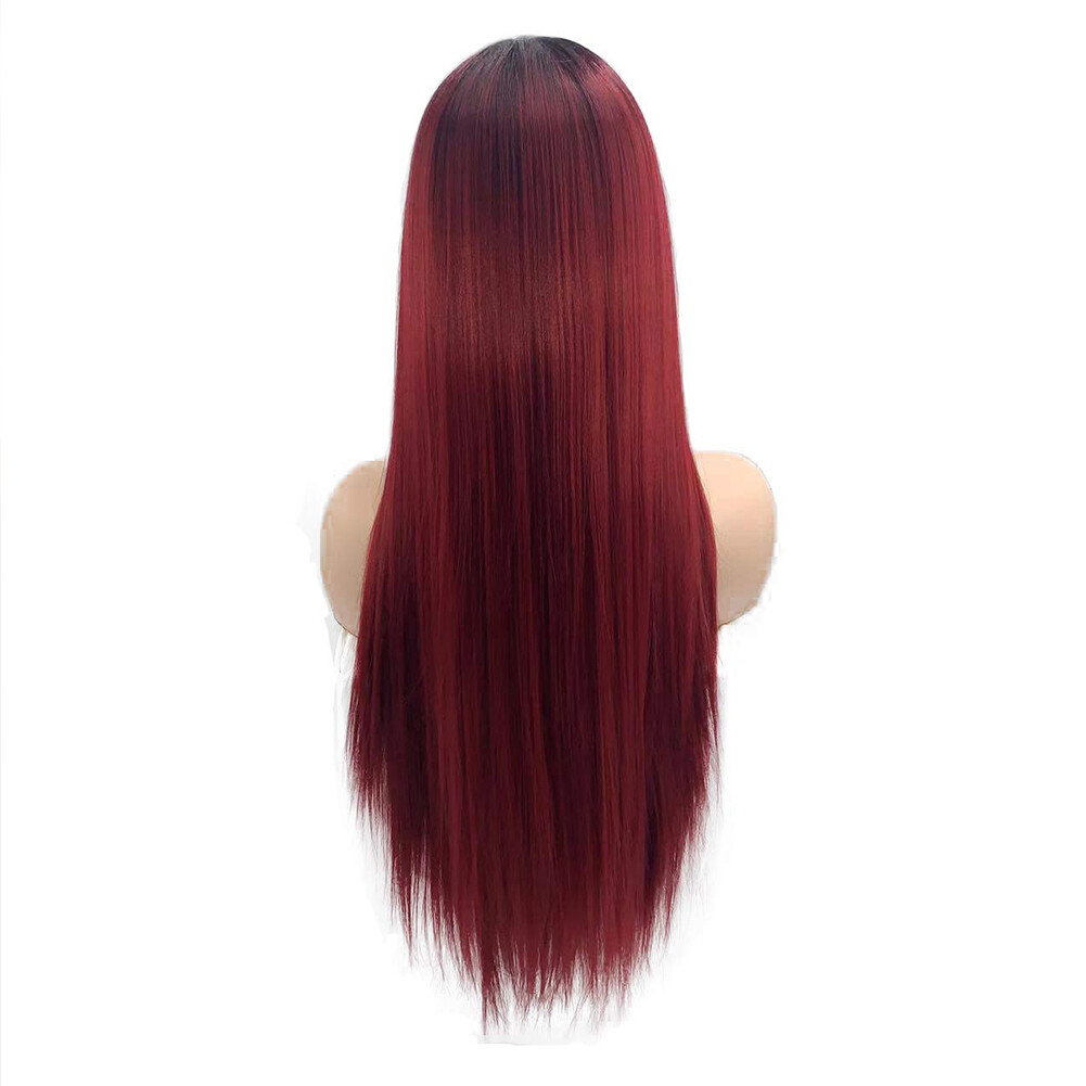 Ombre Burgundy Lace Front Wigs Heat Resistant Synthetic Long Straight Hair Soft