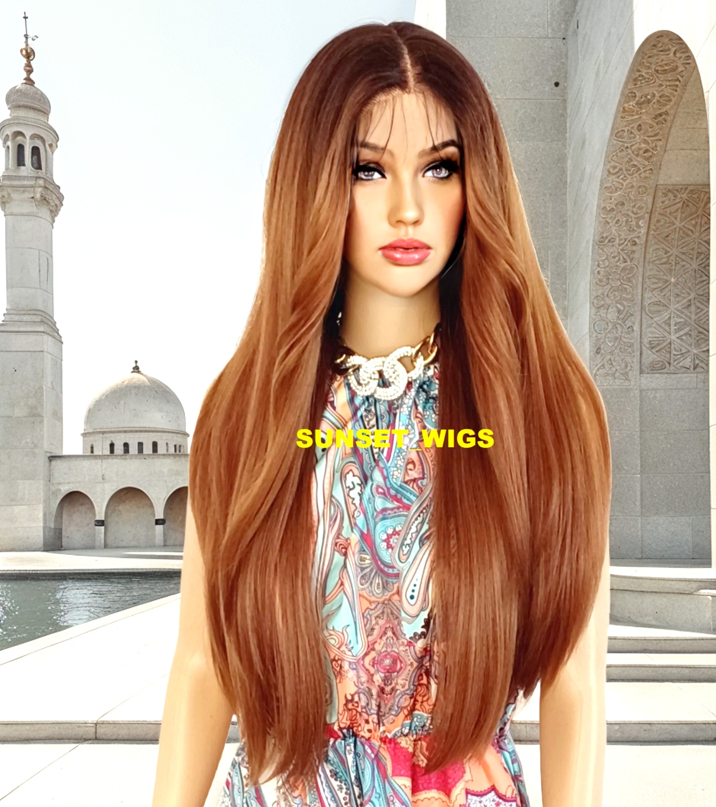 35″ LACE FRONT WIG LONG STRAIGHT LAYERED OMBRE BROWN AUBURN MIX HEAT OK