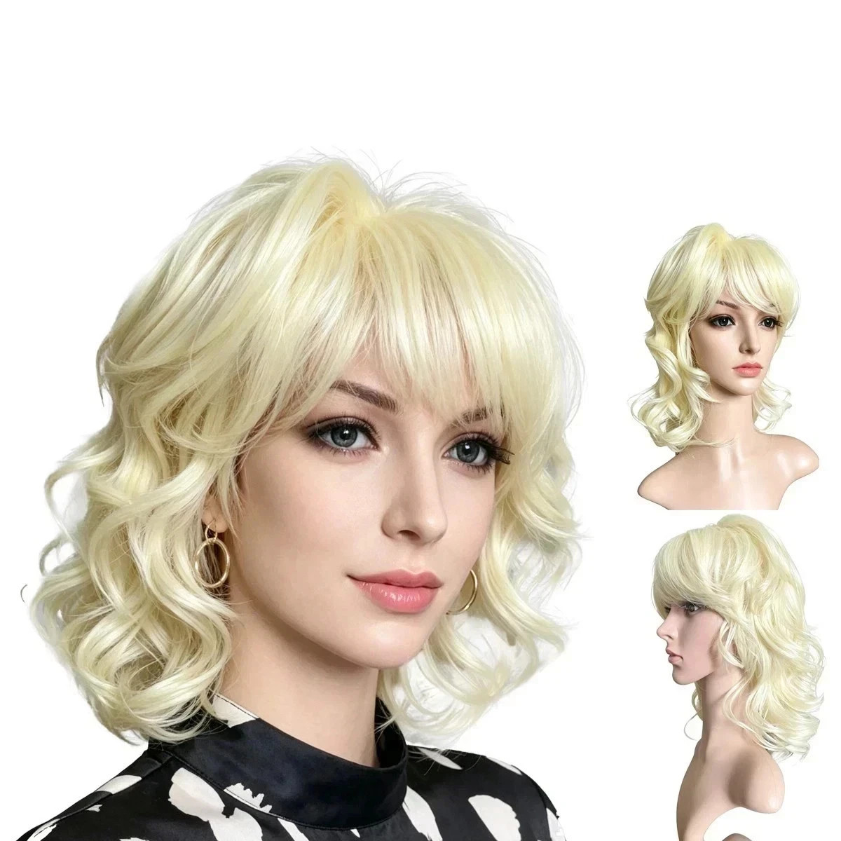 Curly Wave Bob Wig Short Blonde Wig With Bangs For Women Synthetic Nat
