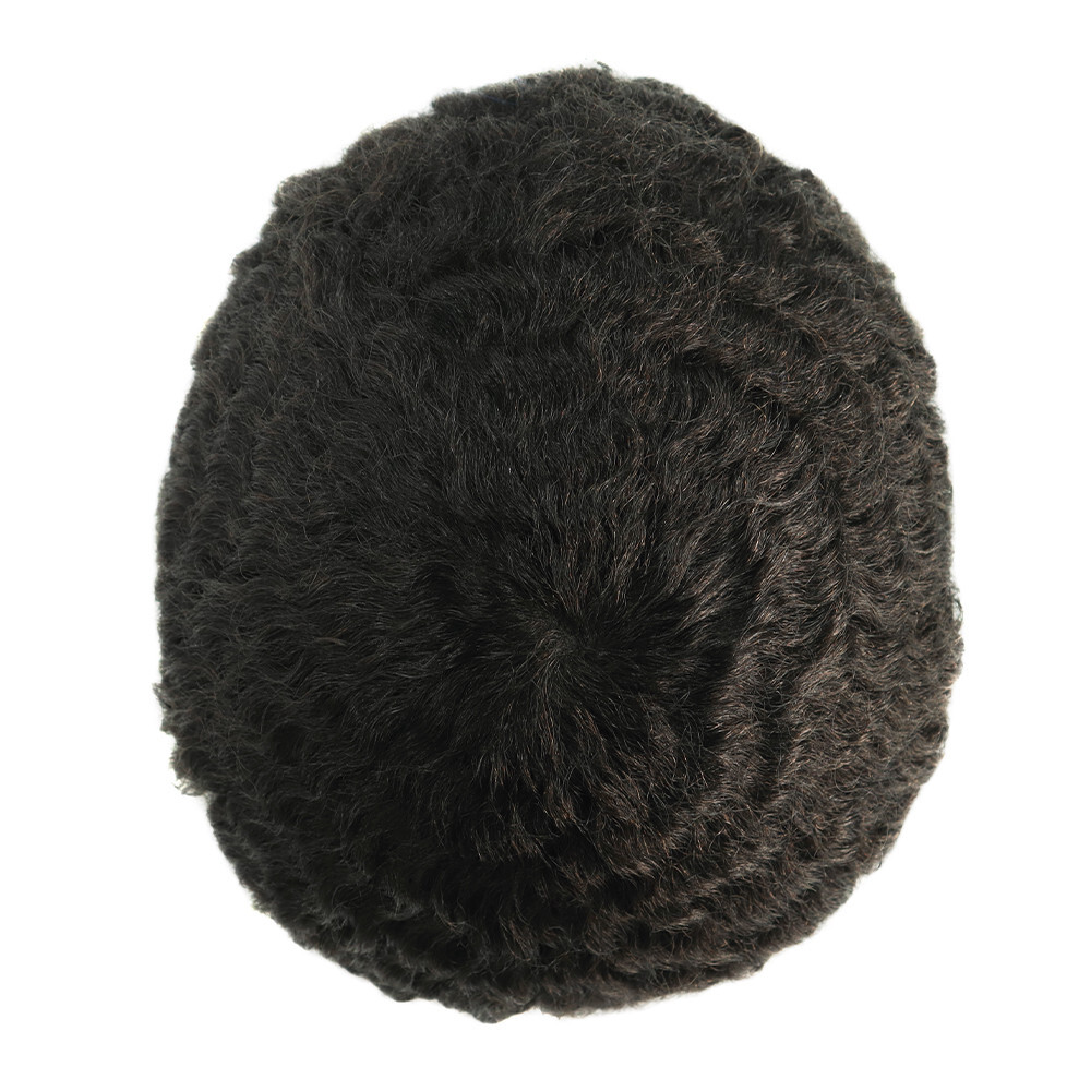 Afro Curl Poly Skin Toupee Mens Human Hair System Curly Hair Pieces 12mm #1B