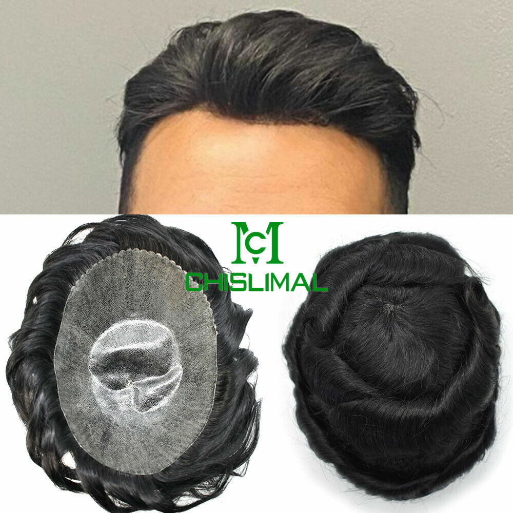Full Poly Skin Mens Toupee Injected PU Human Hair System Replacement Wig for Men