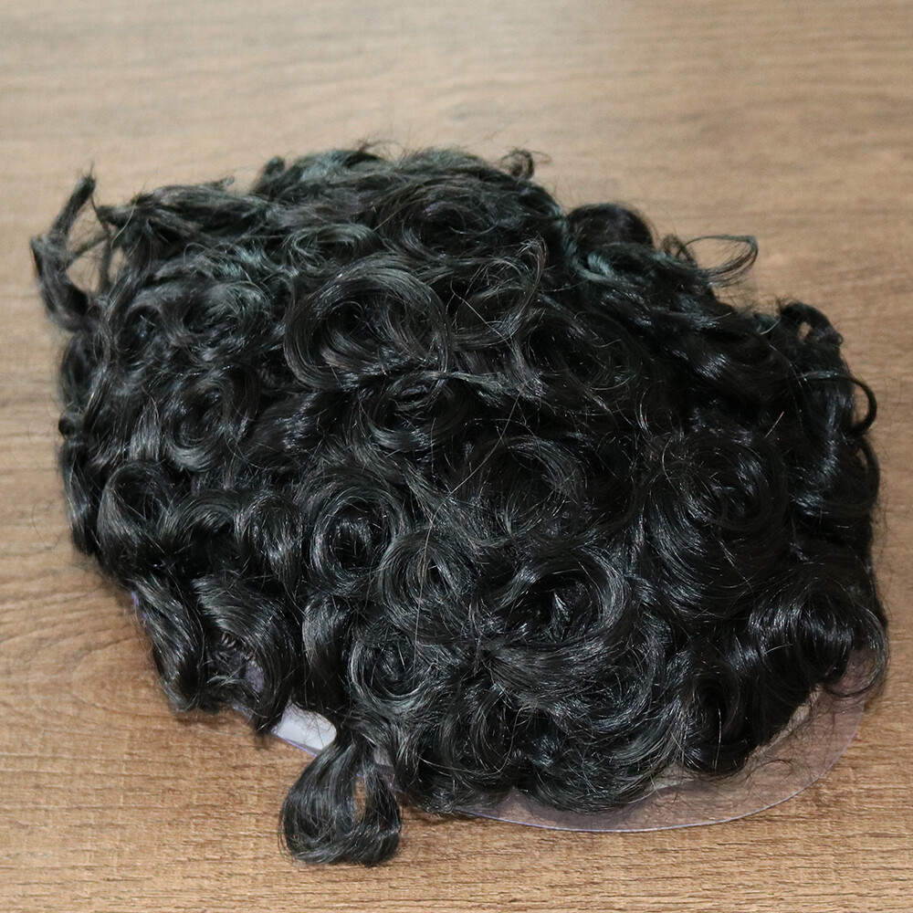 Indian Remy Human Hair 20mm Curl Toupee Skin Base 10×8 inch Hairpieces Men Wig