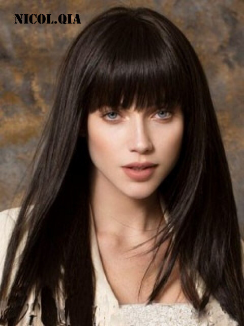 Elegant Long Capless Straight Dark Brown Human Hair Blend Wigs Women Natural Wig