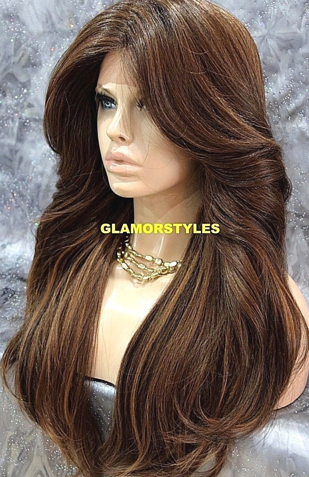 FREE PART LACE FRONT FULL WIG LONG WAVY LAYERED OMBRE BROWN AUBURN MIX HEAT OK