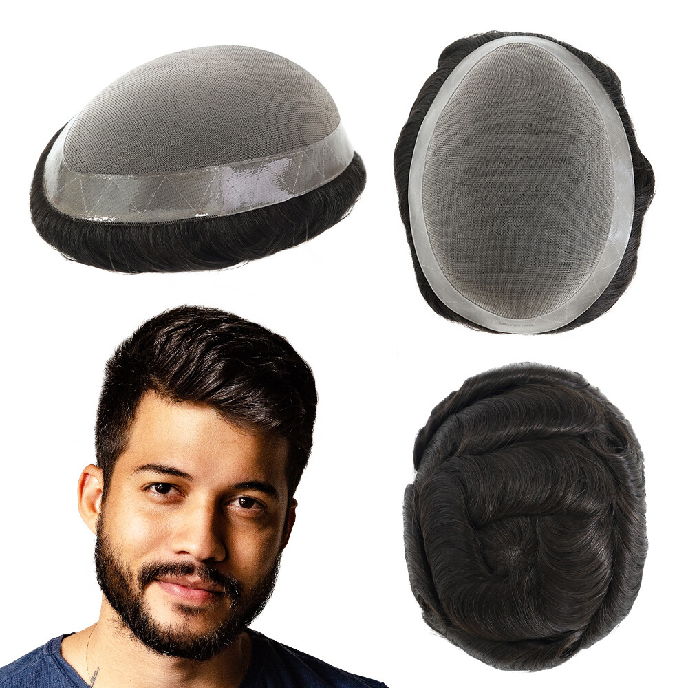 Mens Toupee Hair Replacement System Fine Mono Human Off Black Hair Pieces #1B