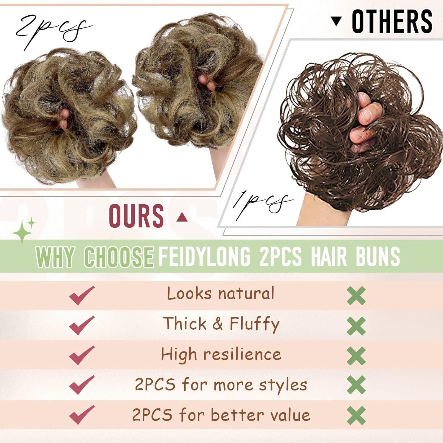 2 PCS Messy Bun Hair Piece Wavy Curly Scrunchies Light Brown Mix Ash Blonde