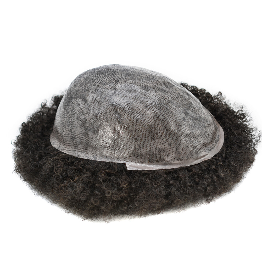 Mens Toupee Afro Curly Full Poly African American Black Real Human Hair Wig PU