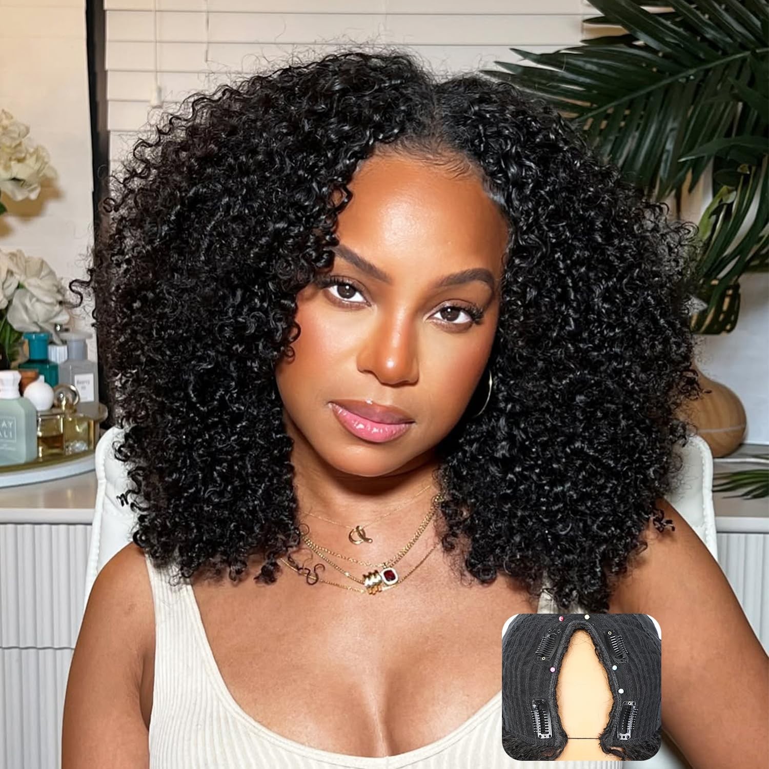 20″ Afro Curly V Part Wig – Glueless Human Hair, 180% Density, Kinky Curly, Natu
