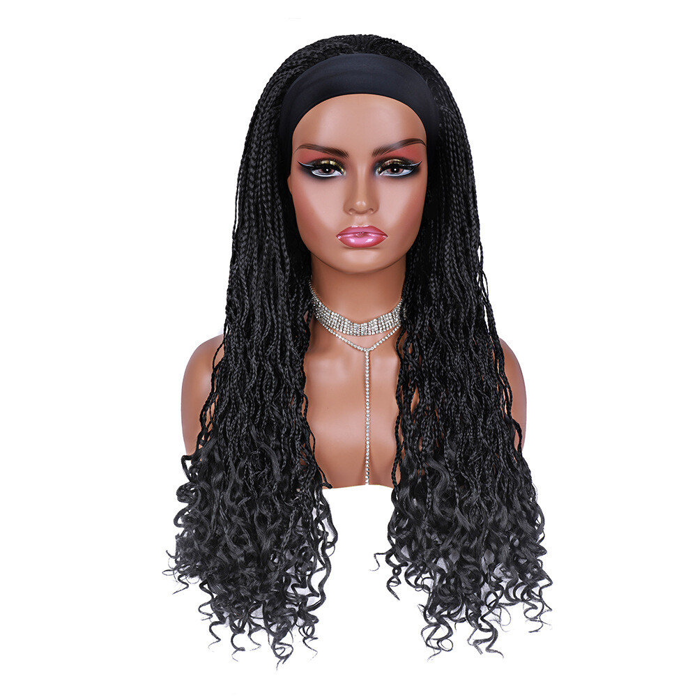 26″ Straight Curly Box Braids Headband Wigs for Black Women Braided Wig Wrap Wig