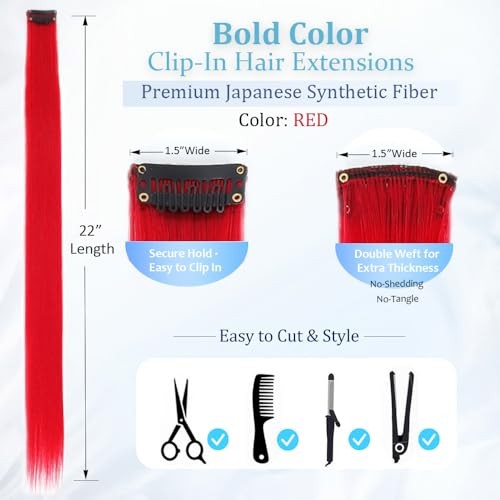 12PCS Red Clip In Hair Extensions Long Straight Heat Resistant 22 Inch #RED