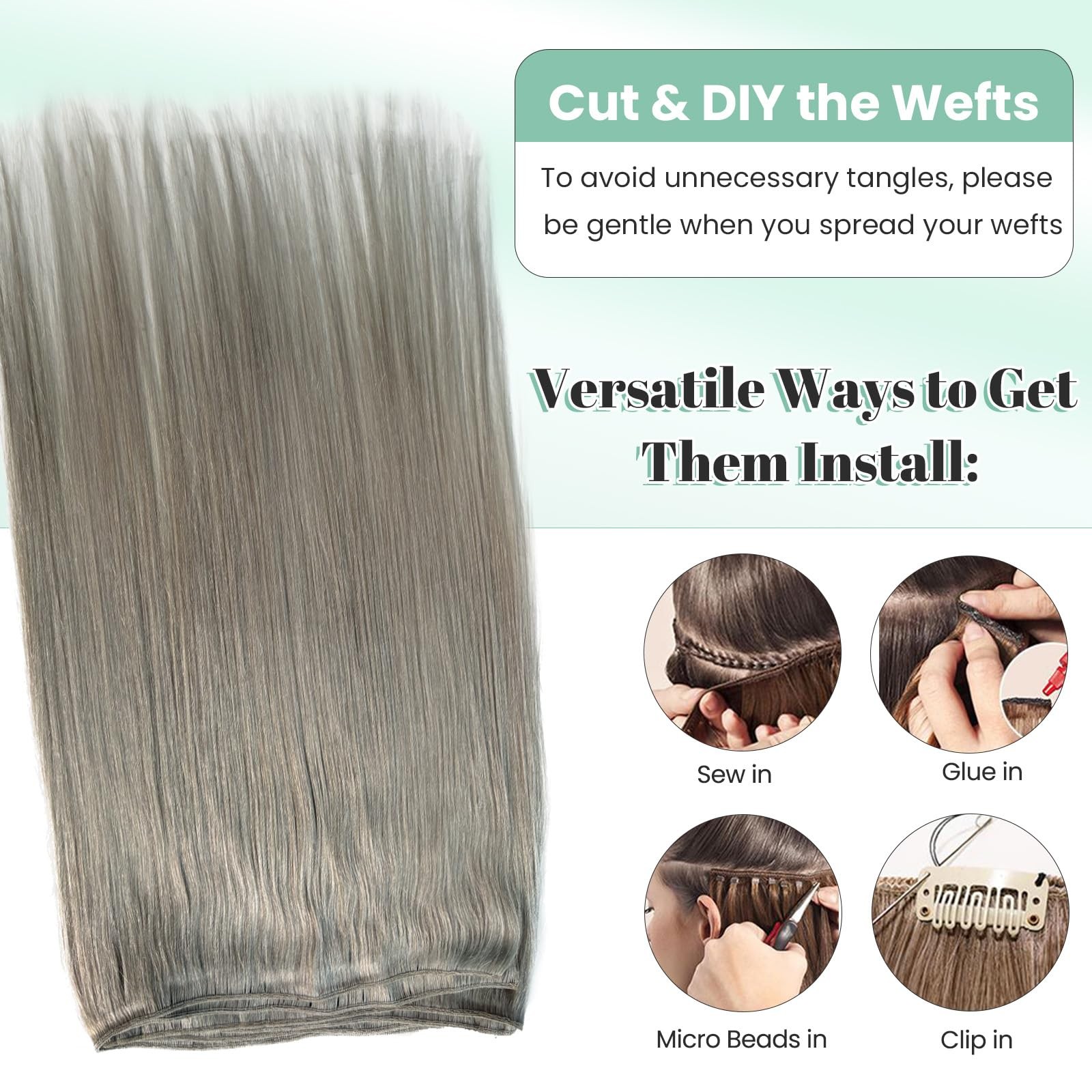 Licoville Sew In Hair Extensions Real Human Hair Silver 14 Inch 80G Grey Hair