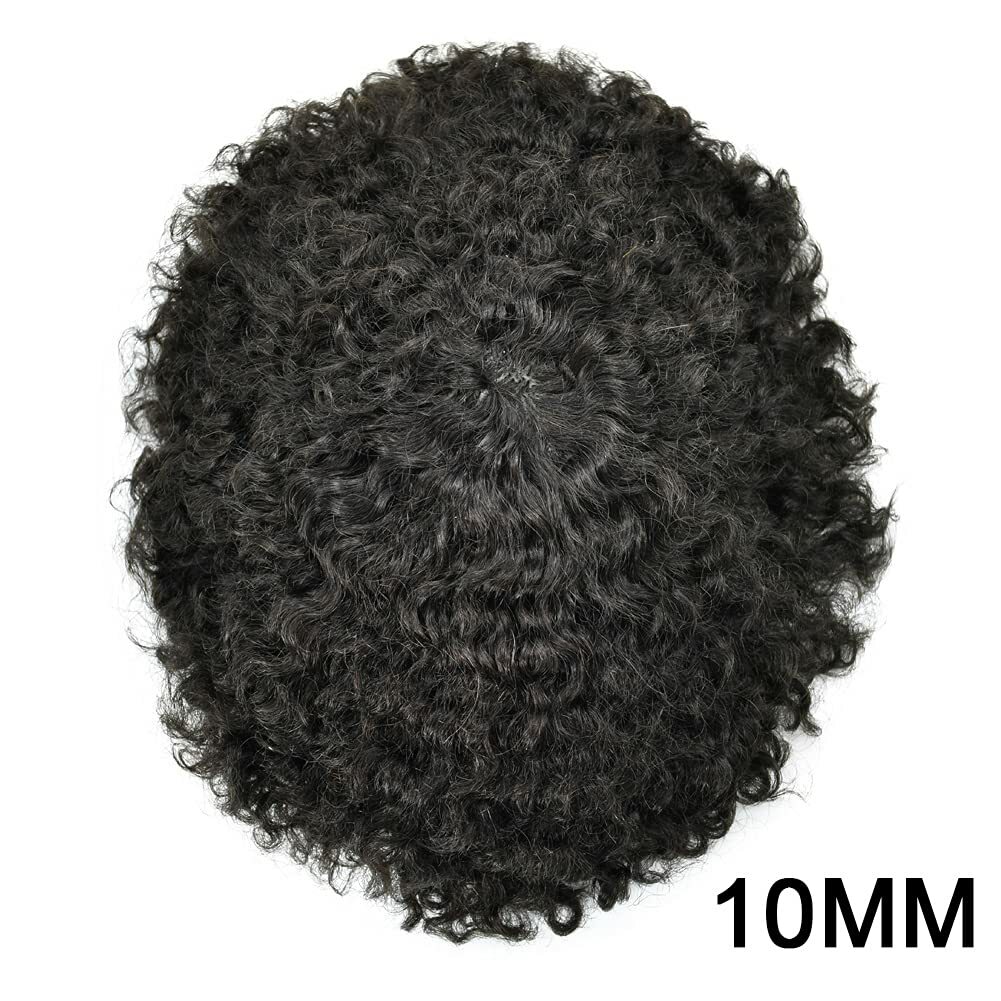 Men Toupee Afro Curly Wigs Breathable Lace Black Human Hair Replacement PU-F