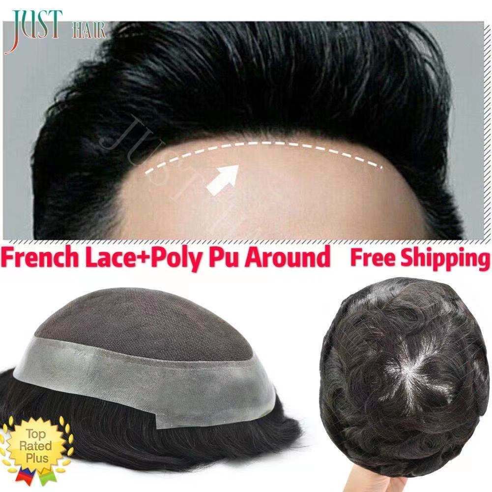 Mens Toupee French Lace Poly PU Hairpieces Wig Remy Human Hair Systems AUSTRALIA