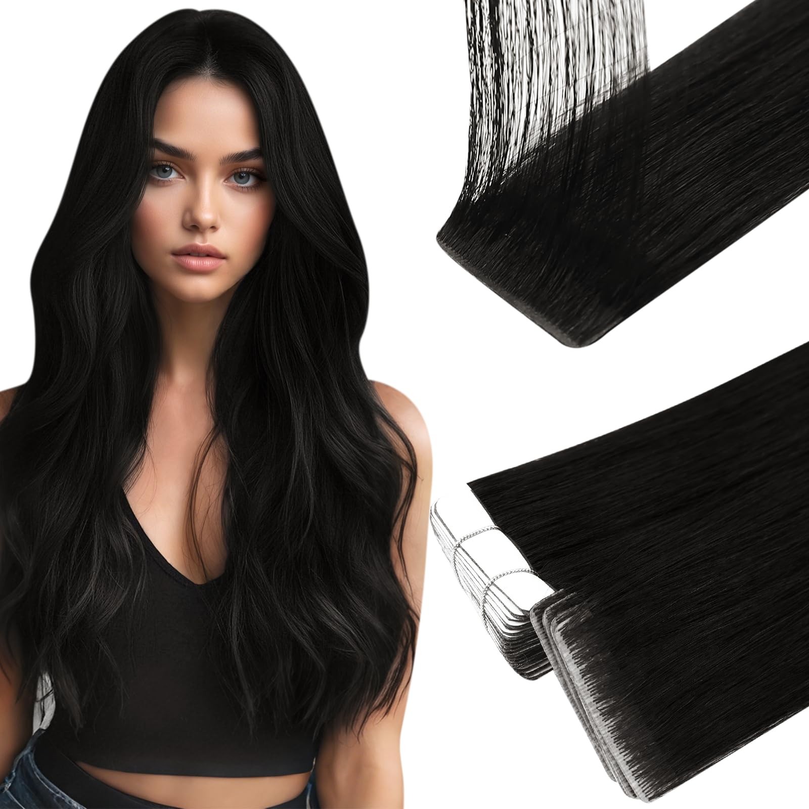 Full Shine Injected Tape In Hair Extensions 1B Natural Black Human Hair