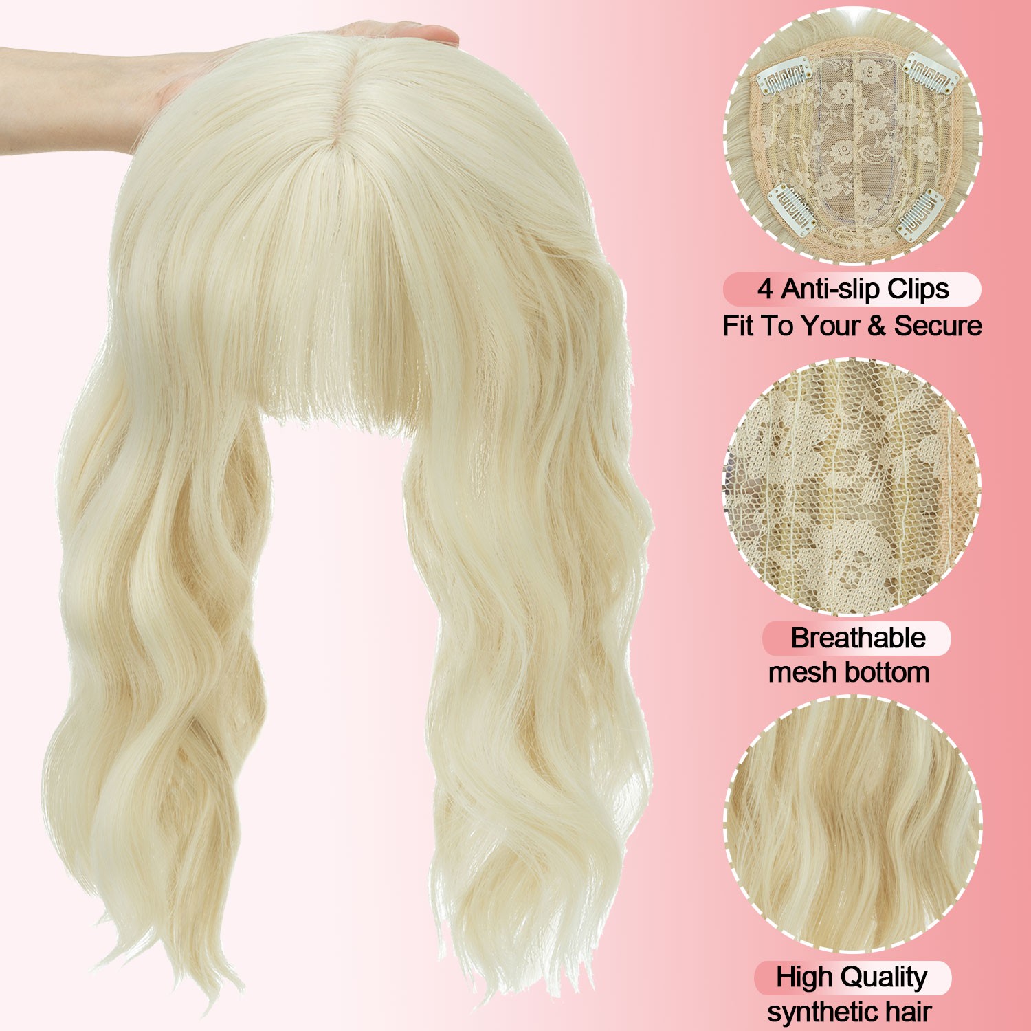 14in Topper Hairpiece Top Wiglet Womens Toupee Clip In Hair Silk Base with Bangs
