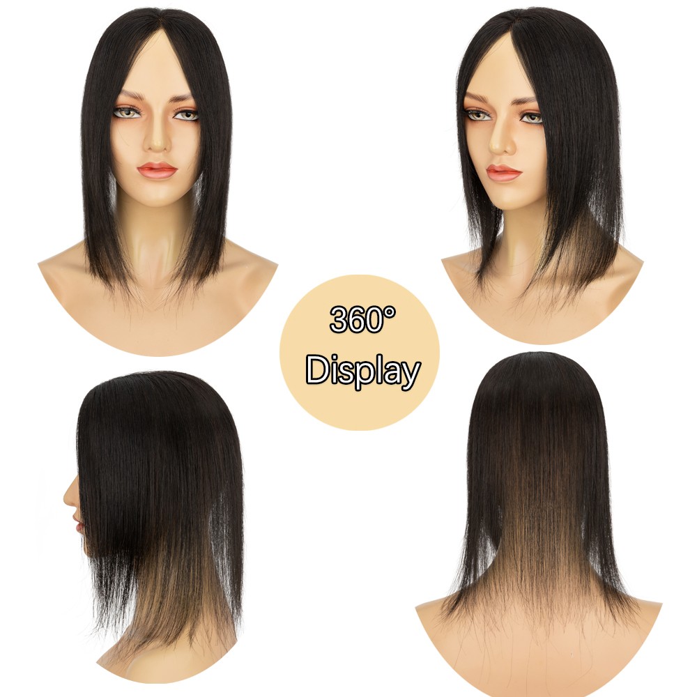 Clip in Human Hair Toppers with Curtain Bangs Lace Base Hair Piece for Women US