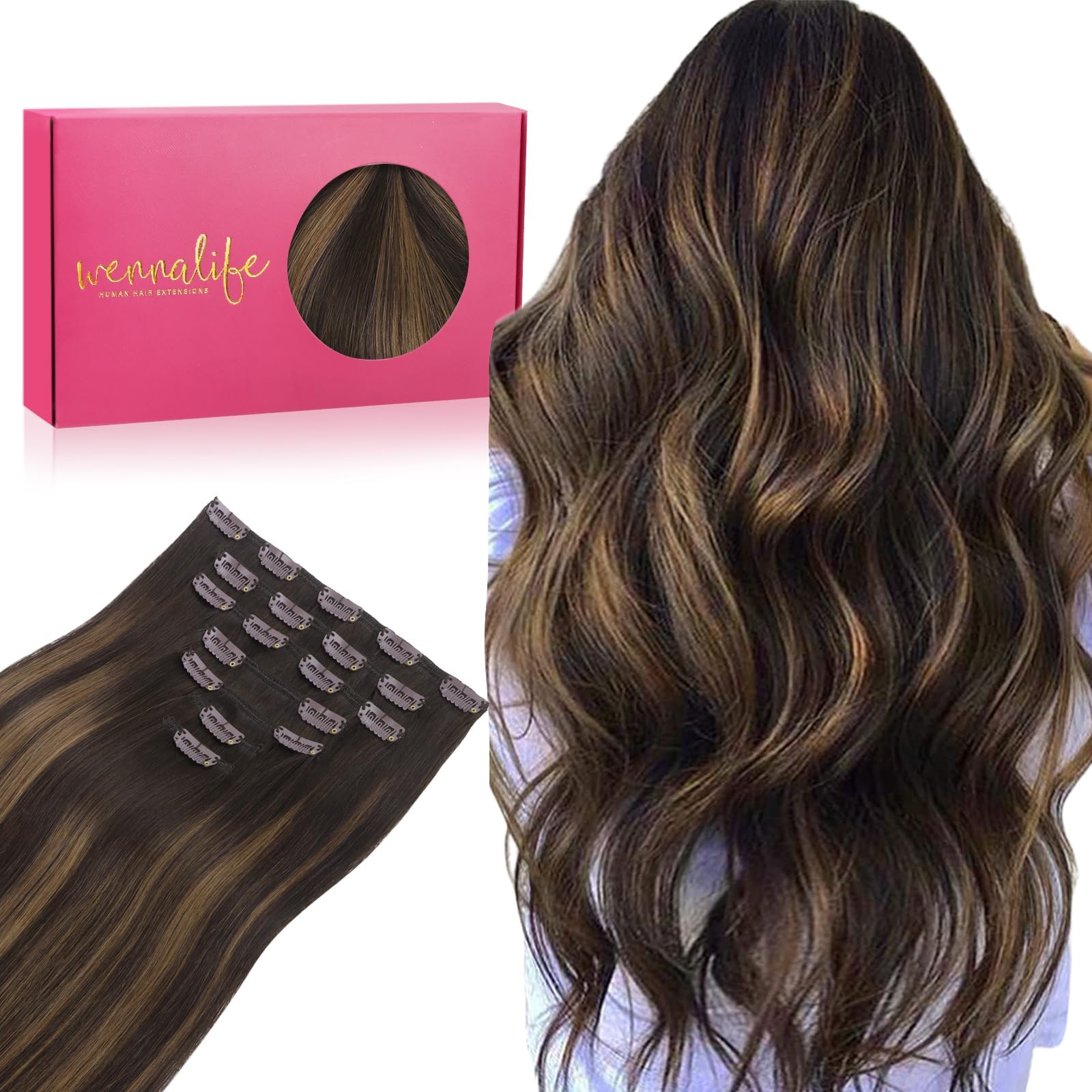 WENNALIFE Clip in Hair Extensions Real Human Hair, 14 Inch 120g 7pcs Dark Bro…