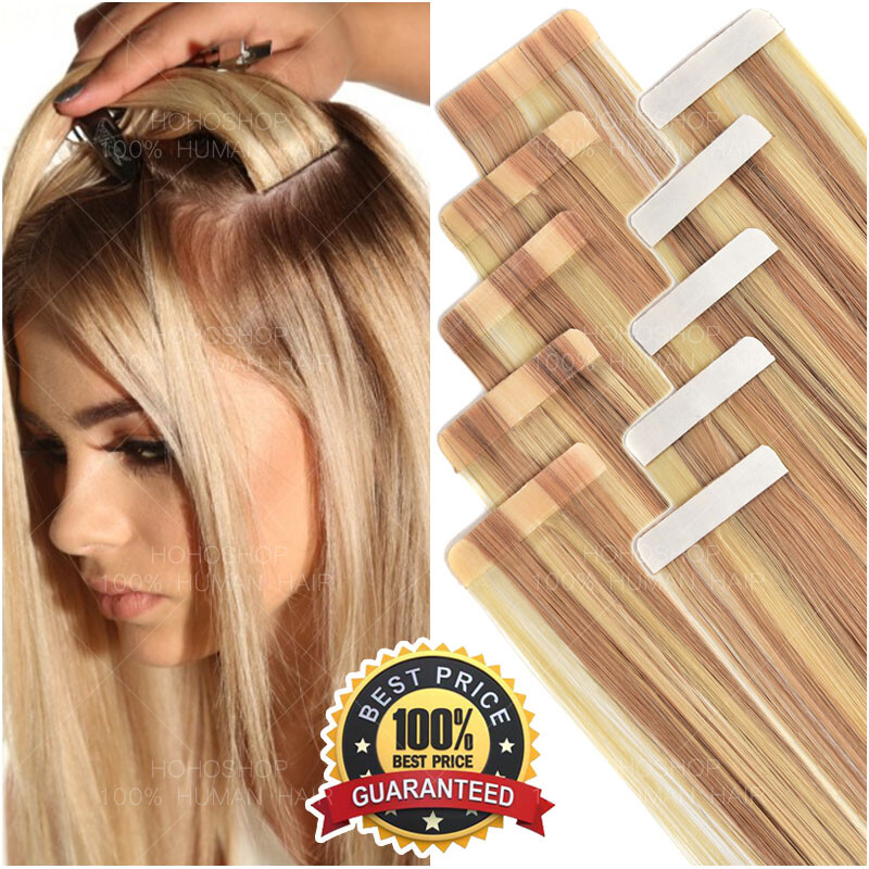 Straight Tape In 100% Remy Human Hair Extentions Full Head Black Brown Blonde 8A