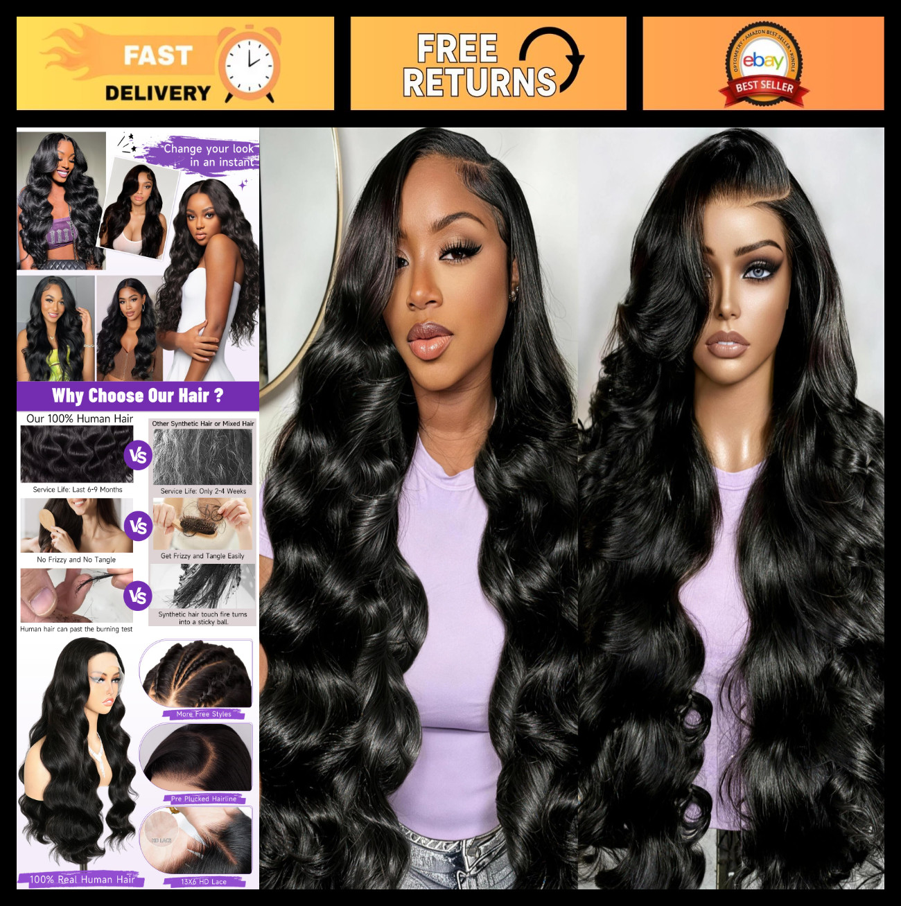 32″ 13×6 Lace Front Wig Human Hair, 200% Density, Pre-Plucked, Silky Smooth, Nat