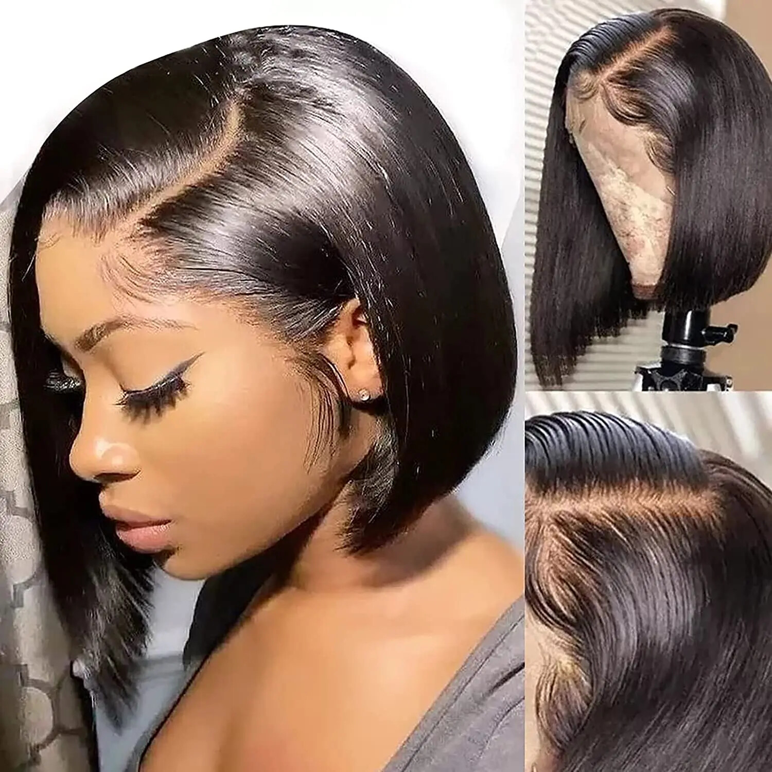 Bone Straight Full Machine Made Bob Wigs with Bangs Brazilian Hair Bob Wigs