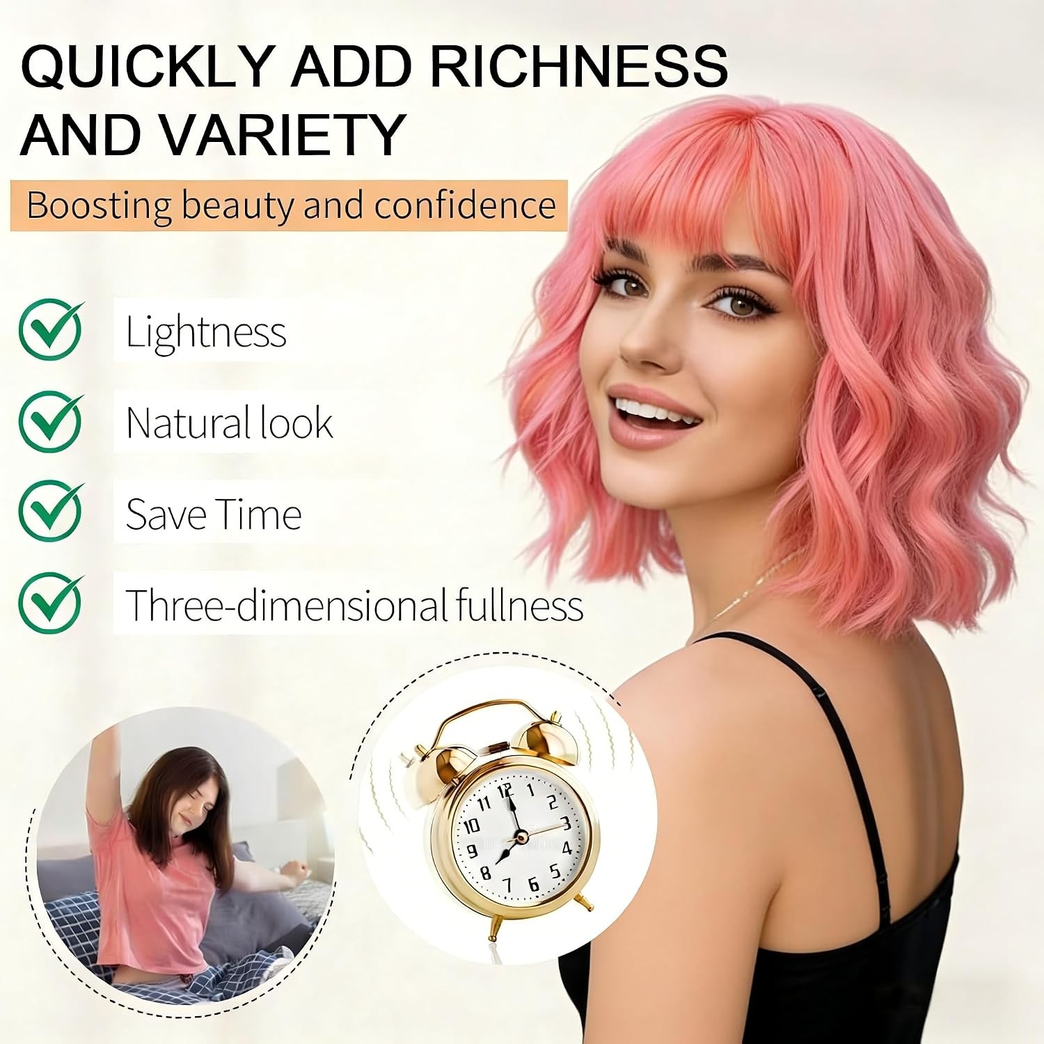 Pink Wigs Short Wavy Hair Pastel Bob Wig with Bangs Shoulder Length Synthetic Wi