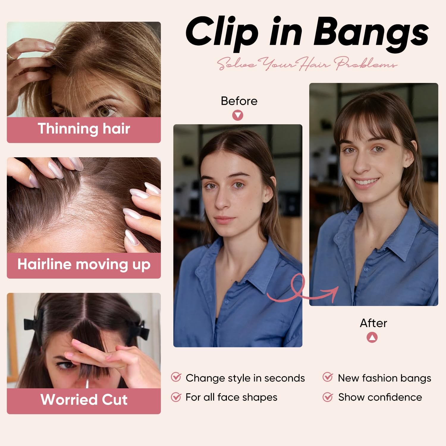 Clip in Bangs 100% Real Human Hair Extensions Wispy Brown Black Thin Bangs