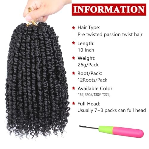 8 Packs Passion Twist Crochet Hair 10 Inch Pre Twisted 10 Inch (Pack of 8) 1B#