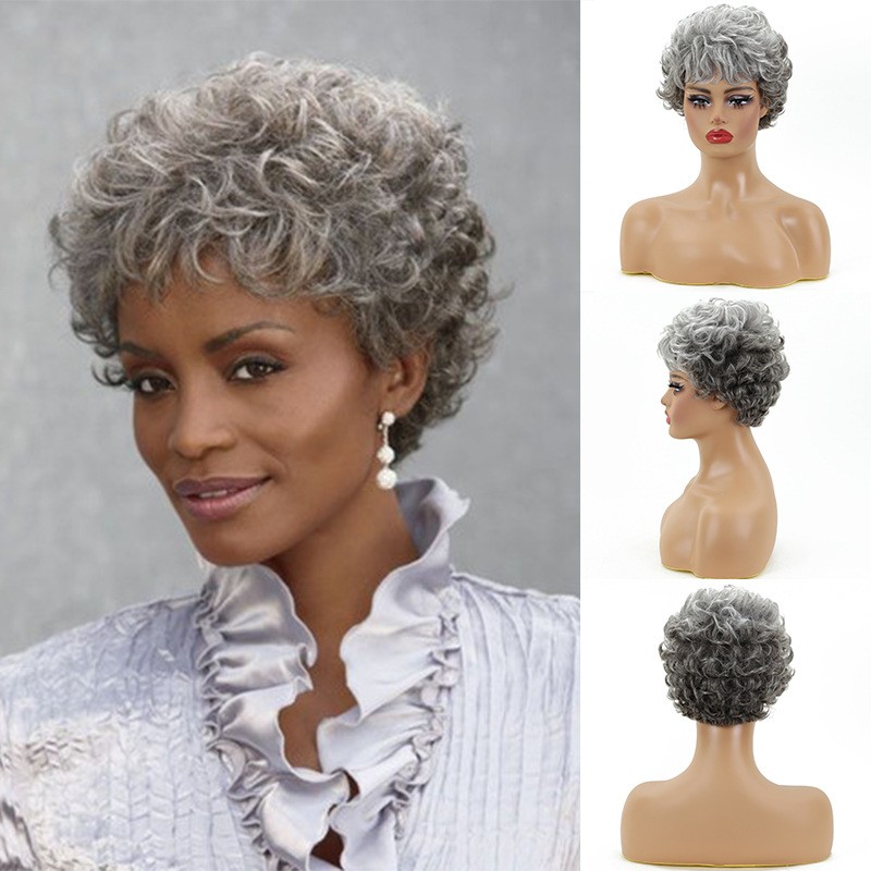 Women’s Short Curly Silver Gray Wig Heat Resistant Synthetic Full Daily Wear
